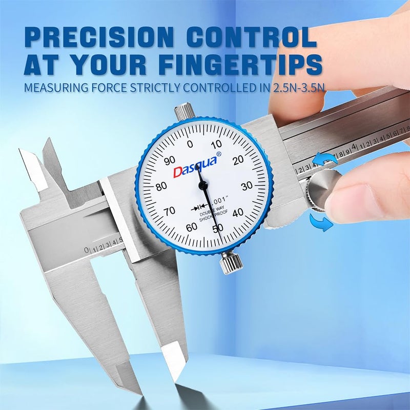 Dasqua 0-8" Dial Caliper Measuring Tool, Double Shock-Proof, Made of Solid Stainless Steel, Accuracy ±0.00085", Graduation 0.001", Professional High Precision Caliper for Machinists & Woodworking - Image 5